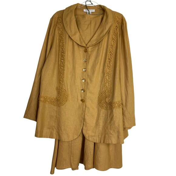 Allison Woods Plus Size 24W Mustard Yellow Linen Jacket & Skirt Set Suit Classic - Picture 1 of 11